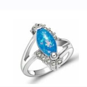 New Marquise Cut Blue Fire Opal White Gold Filled Ring.